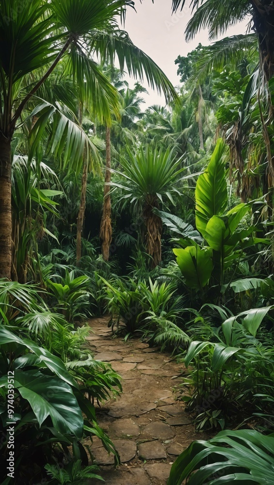 Beautiful jungle scene with lush green palms and exotic plants thriving in a tropical setting. Beautiful jungle scene with lush green palms and exotic plants thriving in a tropical setting.