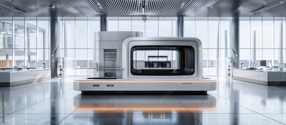 Sleek and Sophisticated Interior Design of a Futuristic Technology Showroom or Exhibition Space with Minimalist Architecture Geometric Patterns and Bright Lighting Sleek and Sophisticated Interior Design of a Futuristic Technology Showroom or Exhibition Space with Minimalist Architecture Geometric Patterns and Bright Lighting