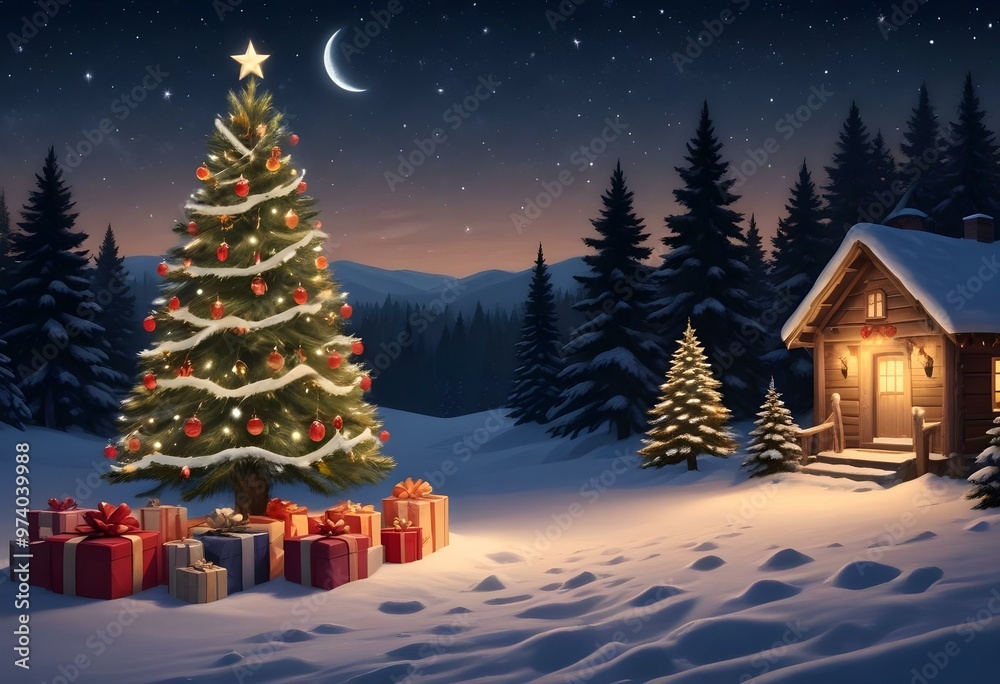A snowy winter landscape at night with a decorated Christmas tree in the foreground, surrounded by wrapped gifts and lit lanterns. In the background. A snowy winter landscape at night with a decorated Christmas tree in the foreground, surrounded by wrapped gifts and lit lanterns. In the background.
