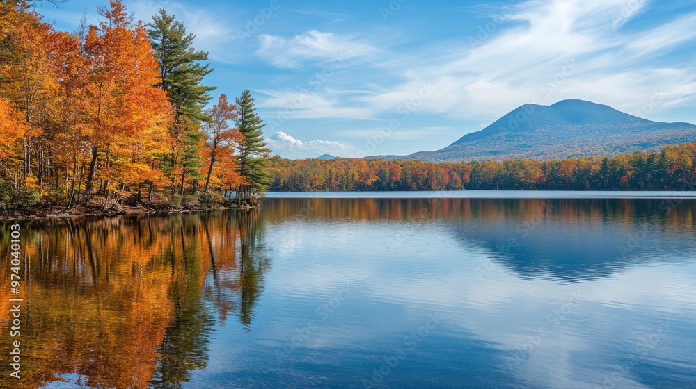 Fall foliage covering a serene lake, with colorful autumn leaves reflected on the calm water surface and a distant mountain backdrop Fall foliage covering a serene lake, with colorful autumn leaves reflected on the calm water surface and a distant mountain backdrop