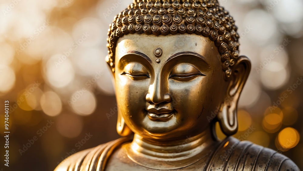 Close-up of a serene Buddha statue bathed in golden light and bokeh. Close-up of a serene Buddha statue bathed in golden light and bokeh.