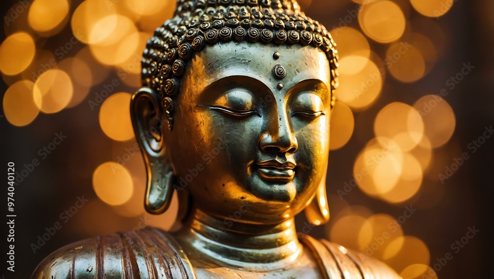 Close-up of a serene Buddha statue bathed in golden light and bokeh. Close-up of a serene Buddha statue bathed in golden light and bokeh.
