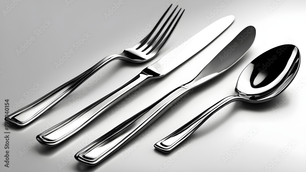 Fork, knife, and spoon in a shiny stainless steel cutlery set isolated on a white background. Ideal for usage in the kitchen and dining room Fork, knife, and spoon in a shiny stainless steel cutlery set isolated on a white background. Ideal for usage in the kitchen and dining room