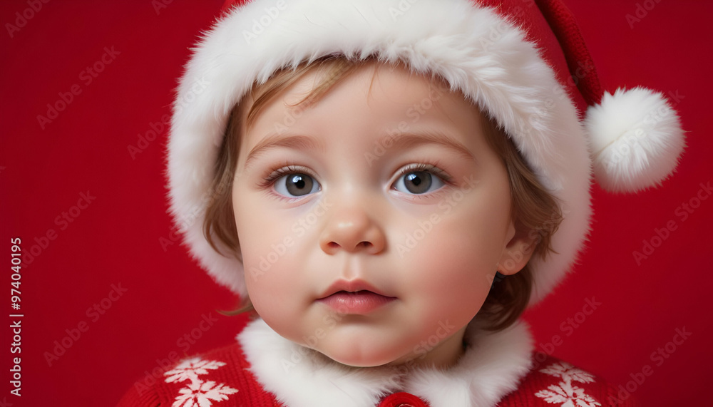 A 6-month-old Caucasian baby girl wearing a santa hat against a red background A 6-month-old Caucasian baby girl wearing a santa hat against a red background