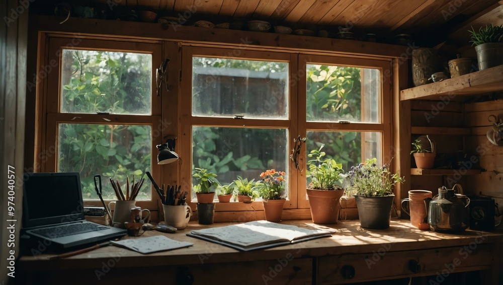 Cozy garden shed workspace for creative hobbies Cozy garden shed workspace for creative hobbies