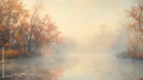 Fall weather captured in a foggy autumn morning, with muted colors and a soft, diffused light filtering through the misty air