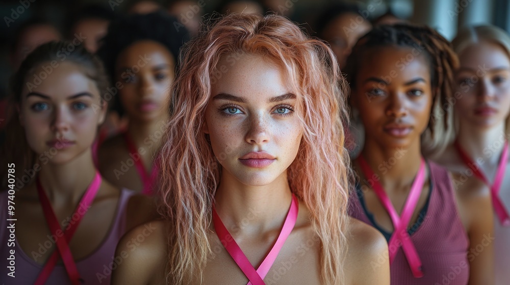 Group of diverse models with pink accessories in a fashion setting. Group of diverse models with pink accessories in a fashion setting.