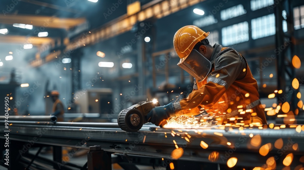 A man in a yellow helmet is working with a metal saw A man in a yellow helmet is working with a metal saw