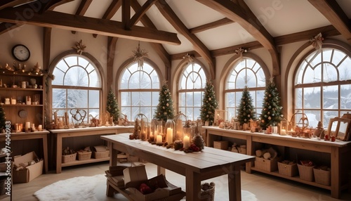A cozy and festive Christmas workshop interior with wooden beams  clocks  shelves filled with holiday decorations and gifts  and a large arched window overlooking a snowy landscape.