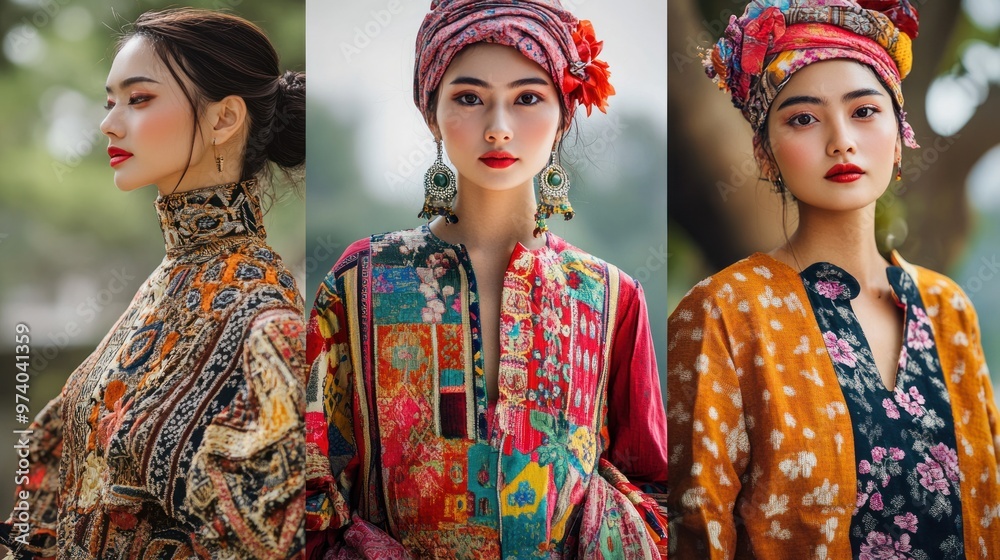 Festival fashion featuring women in unique and diverse traditional outfits, highlighting regional designs and patterns