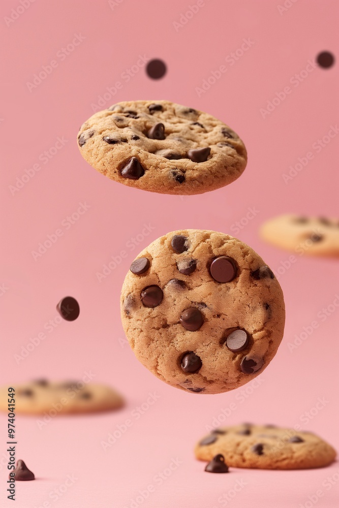Chocolate chip cookies floating against pink background Chocolate chip cookies floating against pink background