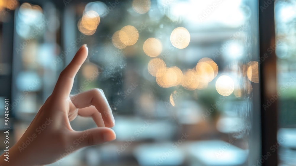 Finger tapping on a screen with focus on the action, soft background of a cafe or public space, bokeh effect Finger tapping on a screen with focus on the action, soft background of a cafe or public space, bokeh effect