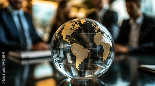 A glass globe showcasing the Americas is placed on a conference table, with blurred business professionals discussing in the background.