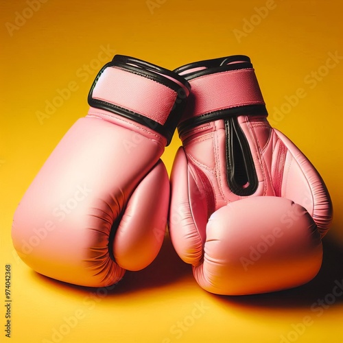 pink boxing gloves isolated on yellow background photo