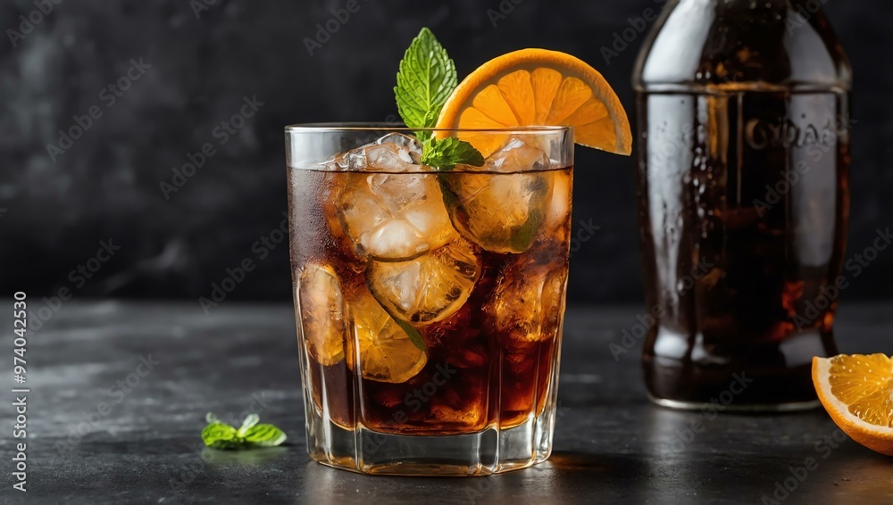 Iced cola cocktail with orange slice and mint garnish. Iced cola cocktail with orange slice and mint garnish.