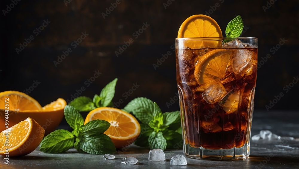 Iced cola cocktail with orange slice and mint garnish. Iced cola cocktail with orange slice and mint garnish.