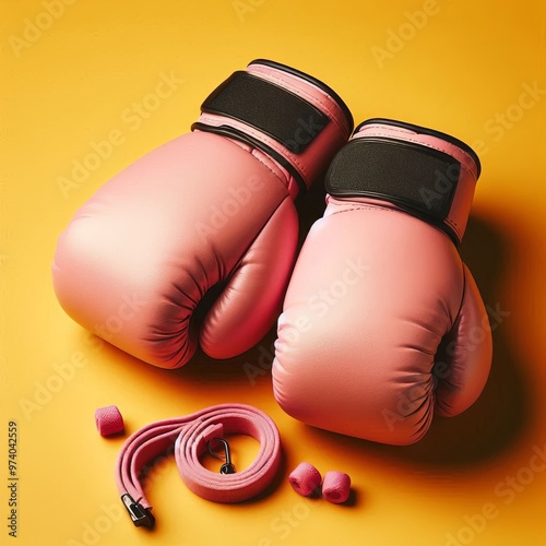 pink boxing gloves isolated on yellow background photo