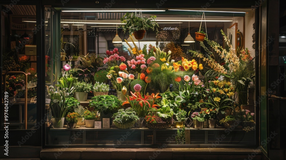 A storefront window display showcasing a variety of colorful flowers and greenery at a flower shop. The shop is well - lit and appears to be open late A storefront window display showcasing a variety of colorful flowers and greenery at a flower shop. The shop is well - lit and appears to be open late