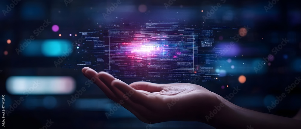 A hand holding a glowing digital interface, representing technology and innovation in a futuristic setting. A hand holding a glowing digital interface, representing technology and innovation in a futuristic setting.