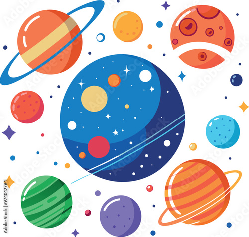 Colorful Rings Stars in Space Circle of planets with the words planets vector illustration
