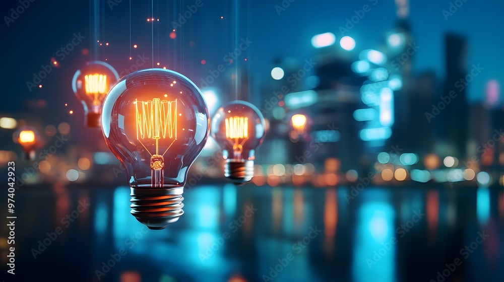 A collection of glowing light bulbs illuminating a vibrant city skyline at night, showcasing creativity and innovation. A collection of glowing light bulbs illuminating a vibrant city skyline at night, showcasing creativity and innovation.