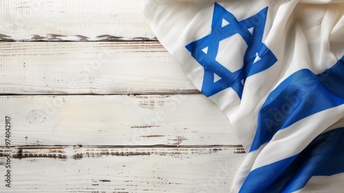 A blue and white flag with a star on it is on a wooden surface photo