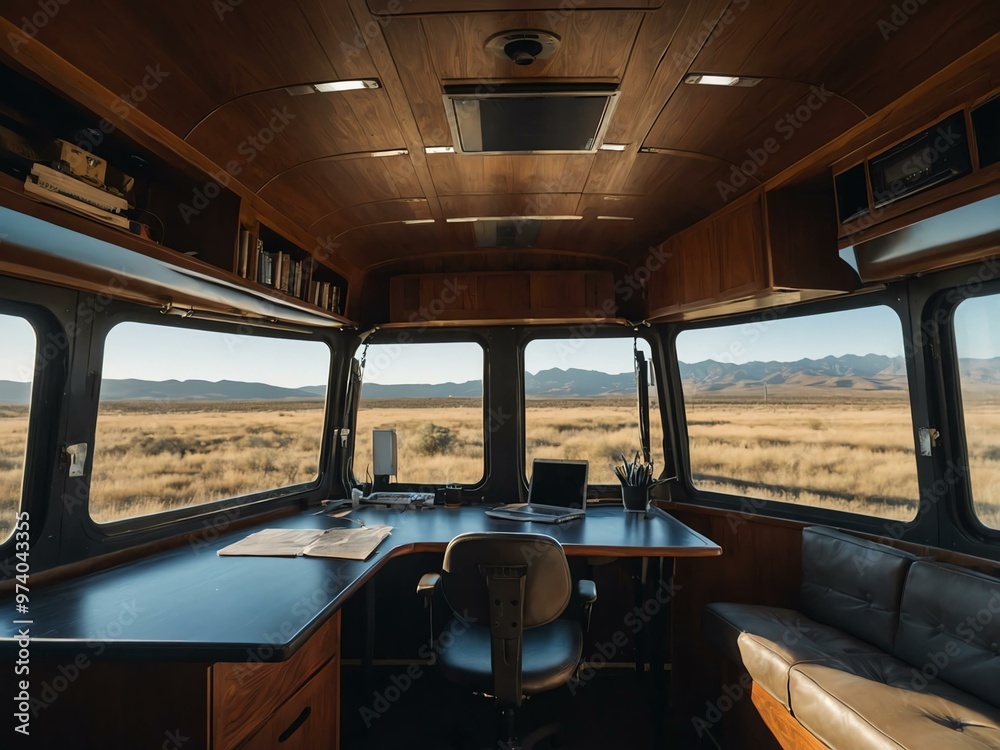 Mobile office in a converted bus with tech amenities and solar panels Mobile office in a converted bus with tech amenities and solar panels