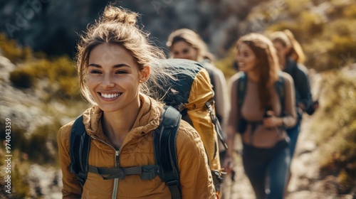 Friendship moments with a group of friends hiking a scenic trail, capturing the joy of outdoor adventure photo