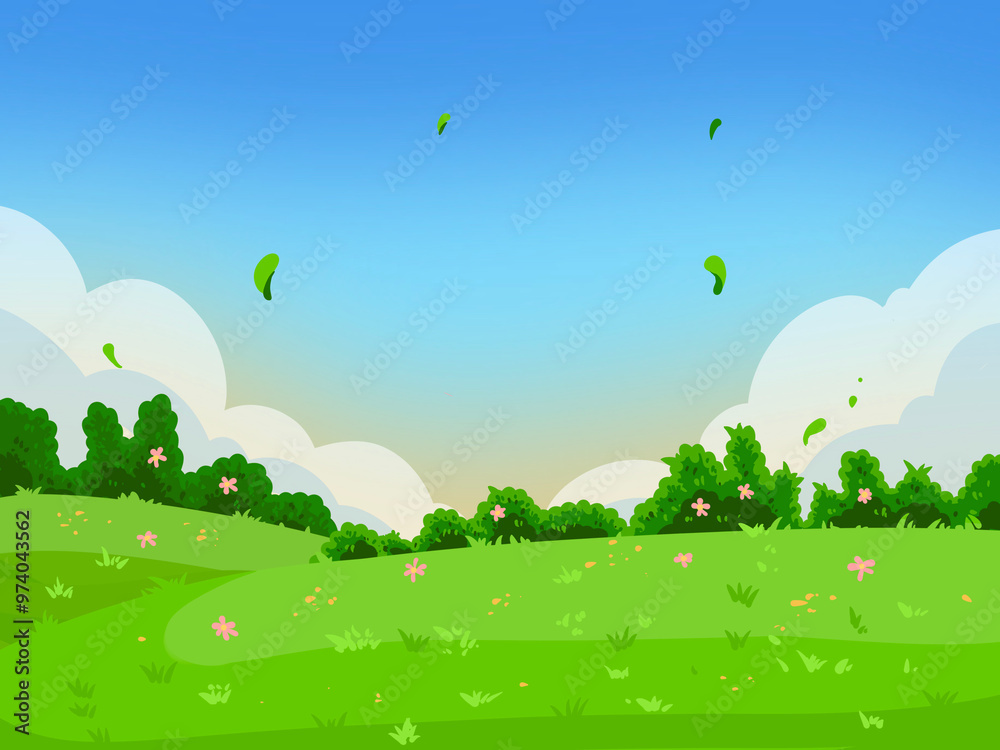 Fototapeta premium Beautiful summer fields landscape with a dawn, green hills, bright color blue sky, white clouds. country background in flat cartoon style banner.