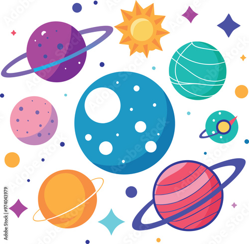 Colorful Planets and Stars in Space with a Ring Around Planet vector illustration
