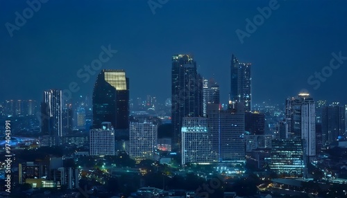 Aerial view of a bustling city at night. Skyscrapers lit up with countless lights contrast with the dark sky.