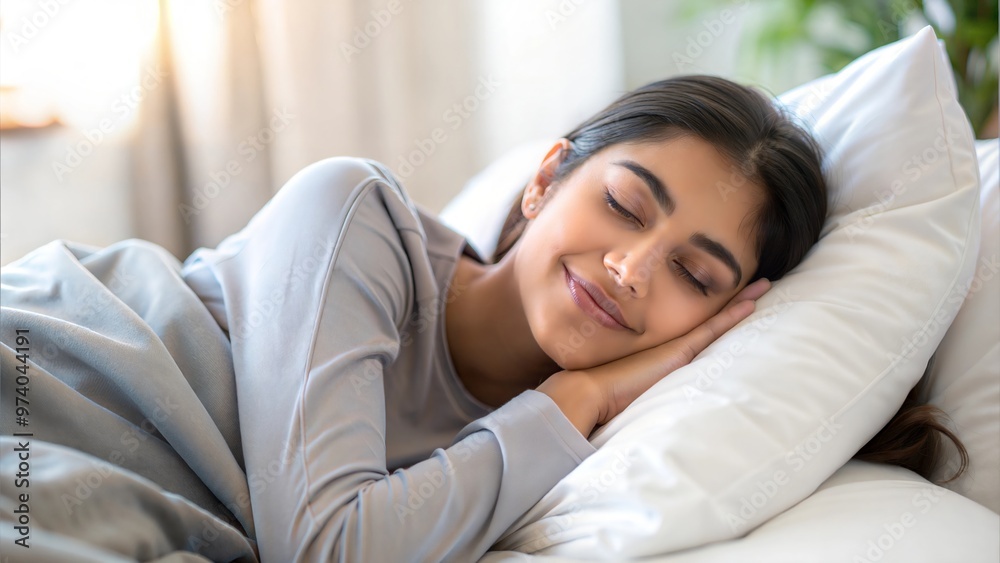 Young Indian woman sleeping peacefully with a content smile.
Young Indian woman sleeping peacefully with a content smile.