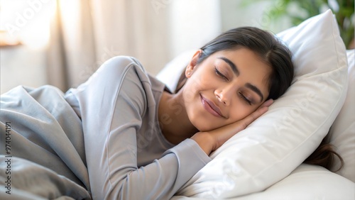 Young Indian woman sleeping peacefully with a content smile.
