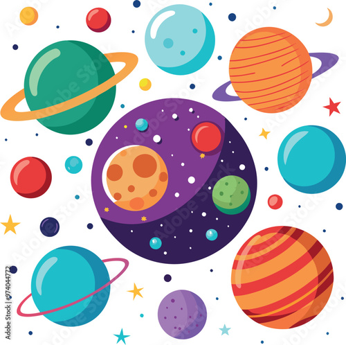 Colorful Planets and Stars in Space with a Ring Around Planet vector illustration