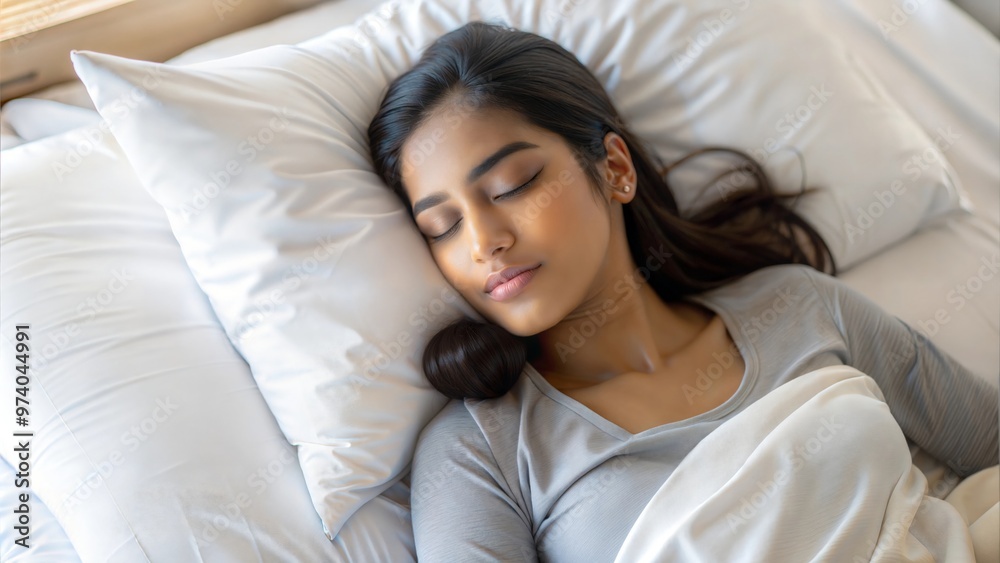 Top view of a young Indian woman enjoying a restful sleep.
Top view of a young Indian woman enjoying a restful sleep.