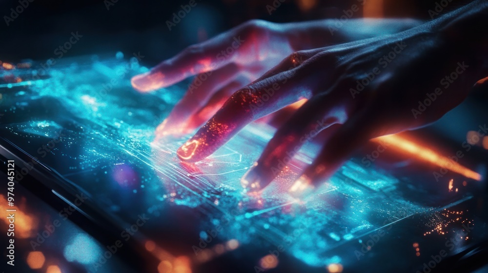 Hands on virtual screen, a futuristic scene of hands interacting with a holographic smartphone interface, digital effects around Hands on virtual screen, a futuristic scene of hands interacting with a holographic smartphone interface, digital effects around