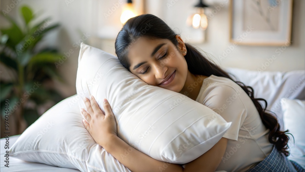 Young Indian woman hugging a soft white pillow in a fresh bed.
Young Indian woman hugging a soft white pillow in a fresh bed.