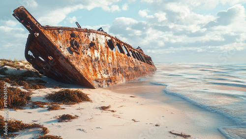 Wallpaper Mural rusty shipwreck on a sandy beach with blue water and clouds Torontodigital.ca