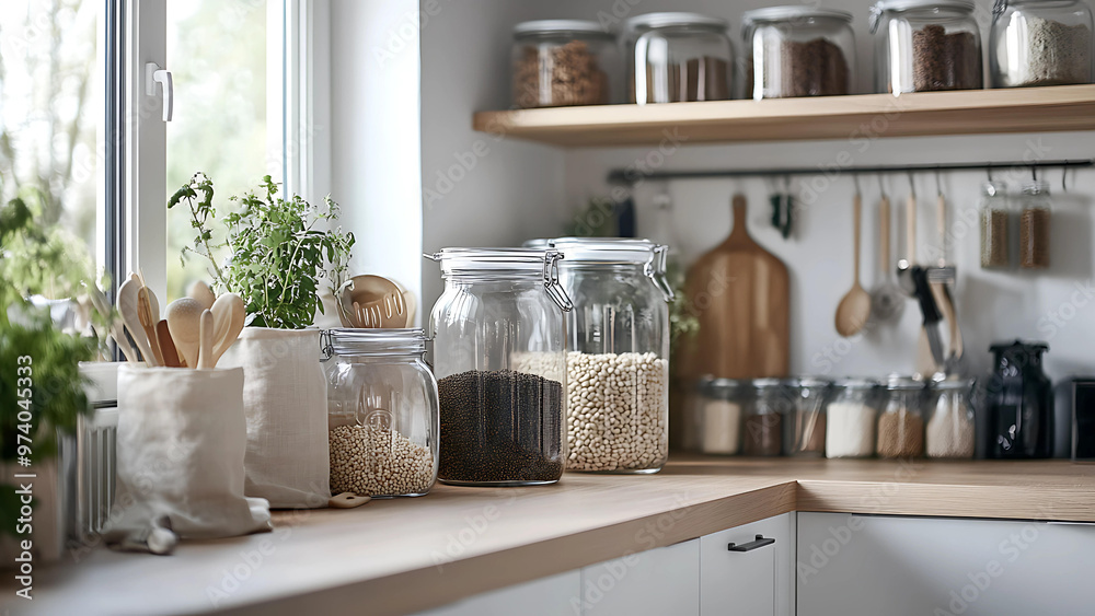 white kitchen countertop with glass jars of beans and wooden utensils - minimalist design, home decor, light and airy white kitchen countertop with glass jars of beans and wooden utensils - minimalist design, home decor, light and airy