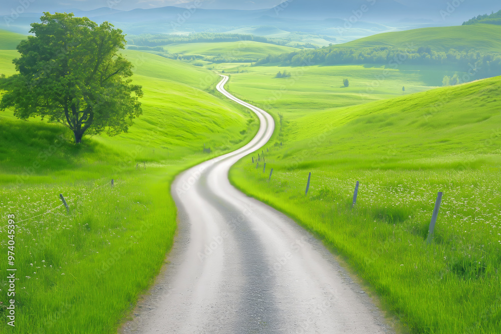 Winding country road through lush green hills under a bright blue sky in serene landscape Winding country road through lush green hills under a bright blue sky in serene landscape