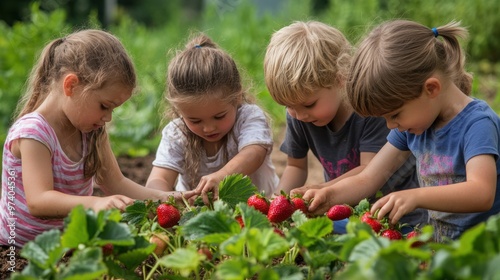 Harvesting strawberries with a group of children, all gathered around a patch, eagerly picking and tasting the fruits