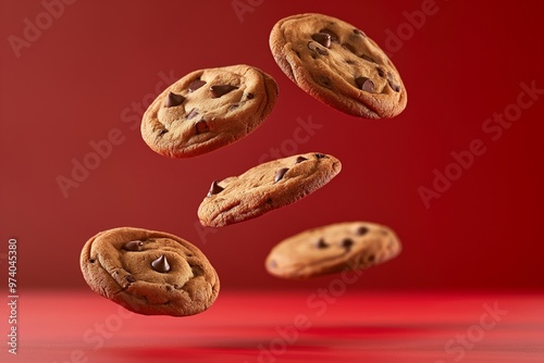 Chocolate chip cookies on red background