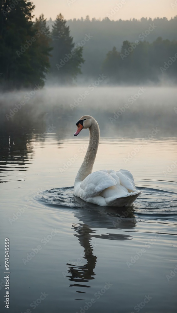 Single white swan floating gracefully on a foggy lake. Single white swan floating gracefully on a foggy lake.