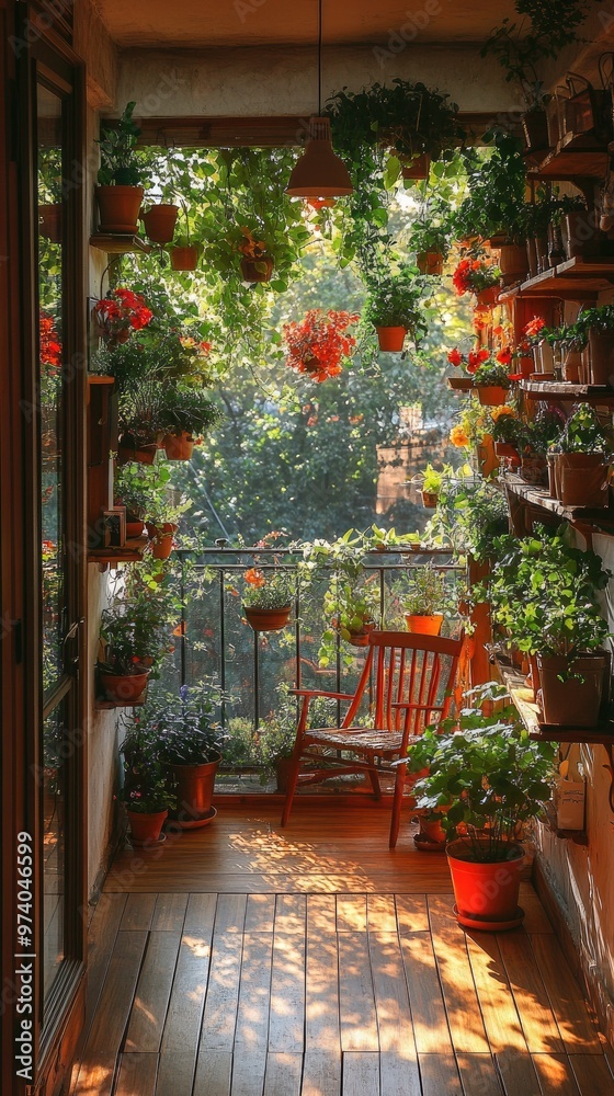 Obraz premium Modern balcony garden with lush greenery and wooden planters adding tranquility to urban living