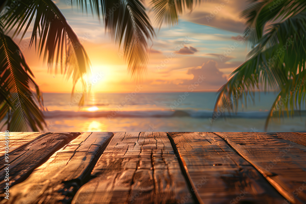 Empty wooden table top with blurred background of palm leaves and sunset on the beach, for product display montage or summer vacation concept. 