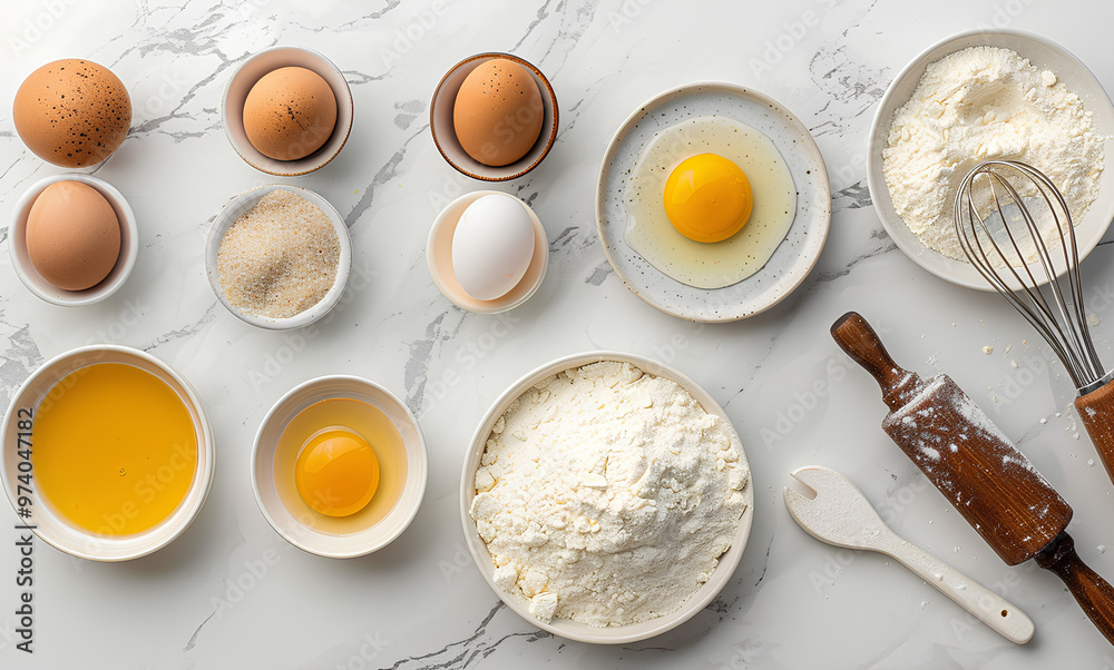 white marble kitchen counter with baking tools and ingredients, eggs, flour, oil on the side, white background, top view, culinary activity at home or bakery workshop. white marble kitchen counter with baking tools and ingredients, eggs, flour, oil on the side, white background, top view, culinary activity at home or bakery workshop.