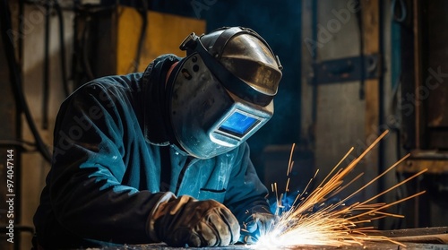 Worker in a welder mask works in a workshop