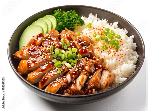 teriyaki chicken rice bowl - asian food style, isolated on white with clipping path

 photo