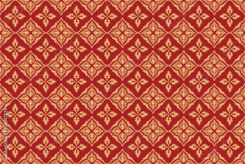 Damask seamless patterm with golden leaves and red background