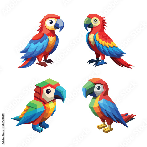 Geometric and Cartoon Style Parrot Vector Illustration Set